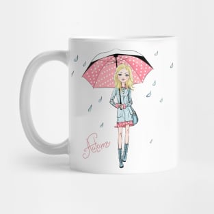 Fashion girl in autumn clothes with umbrella Mug